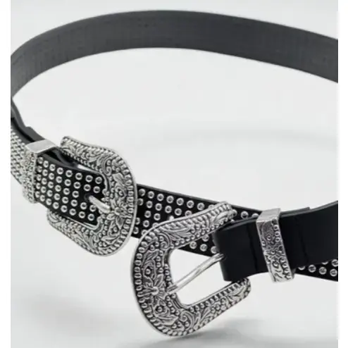 Cinto Feminino De Couro Sintético Duas Fivelas Ponteira Com Strass Moda Elegância