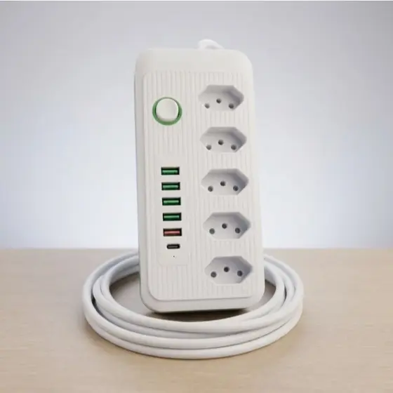 Extensão 5 Tomadas Filtro de Linha Cabo 5M Portas USB e Tipo-C Bivolt
