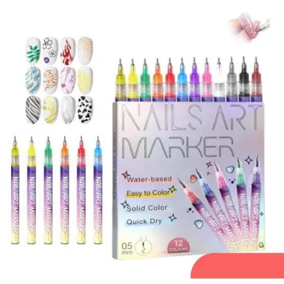 Kit 12 Canetas para Unhas Nail Art Ponta Fina 0.5mm Decoração Fácil e Secagem Rápida