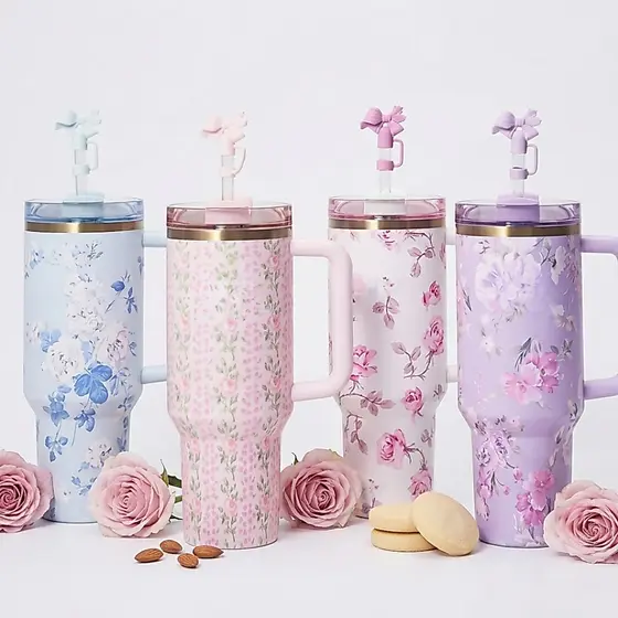 Copo Térmico Inox 1200ml Estampa Floral Com Canudo E Alça Silicone Antiderrapante