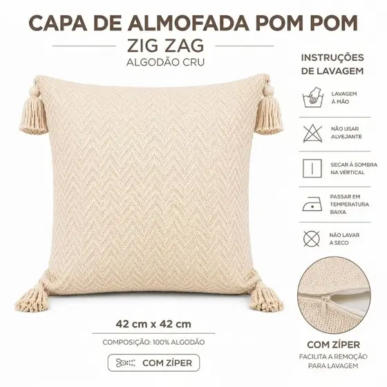 Capa de Almofada Decorativa Tecido Zig Zag Algodão  com Pompom