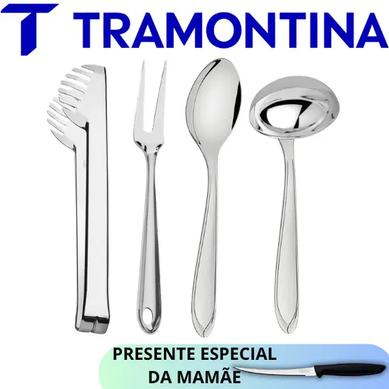 Kit Cozinha Aço Inox 4pcs Pegador + Garfo Trinchante + Concha + Colher