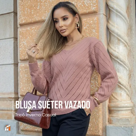Blusa Suéter Vazado  Feminina de Tricô  Inverno Casual Elegante - Conforto e Estilo