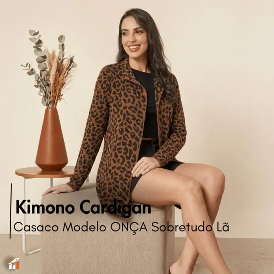 Kimono Cardigan  Casaco Modelo ONÇA  Sobretudo Lã Lindo Moda Inverno Trico