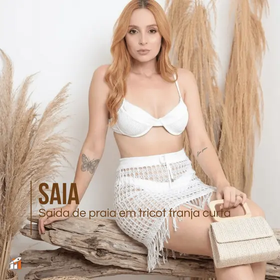 Saia Saída de Praia Franja Curta Feminina Tricot  Verão Moda Praia Crochê - Ruiva Malhas