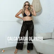 Calca Saída de Praia Feminina Tricot Crochê Pantalona Calça Praia Verão 2025 Moda Praia-Ruiva Malhas