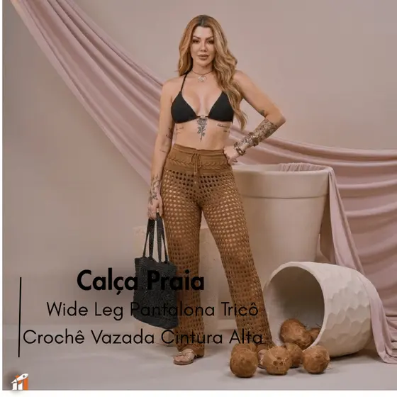 Calça Praia Feminina Wide Leg Pantalona Tricô Crochê Vazada Cintura Alta com Cordão Praia Verão - Ruiva Malhas