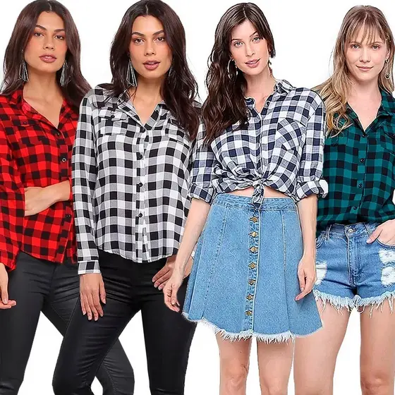 camisa xadrez feminina country Manga Longa blusa adulta Várias Cores 