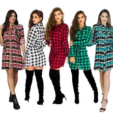 camisa xadrez feminina Manga Longa Country Blusão Chamise vestido com cinto bolso e botão várias cores 