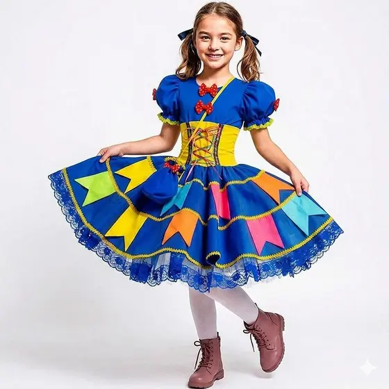 Vestido Festa Junina Infantil Azul pra Menina Roupa Caipira de Luxo Super Rodado com Bandeirinhas