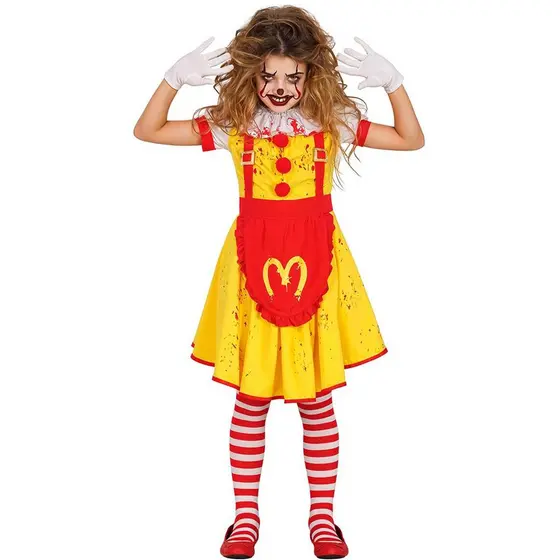 Fantasia Halloween Infantil pra Menina Palhaça Assassina Hambúrguer Terror Vestido Amarelo com Sangue