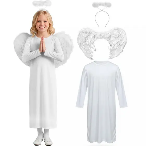 Fantasia de Anjo Infantil Unissex com Túnica Auréola e Asa 2 a 16 anos