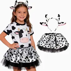 Fantasia de Vaca Infantil pra Menina Kit com Saia e Tiara Malhadinha