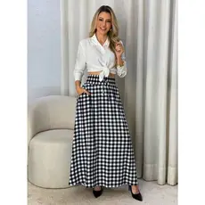 Saia longa feminina xadrez de tecido Viscolinho pré lavado no Verão