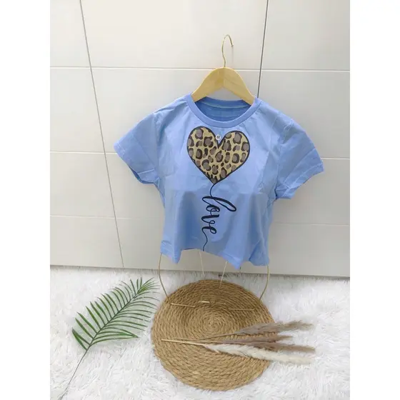 Cropped Estampada 100% Algodão Moda Feminina coração com estampa de leopardo