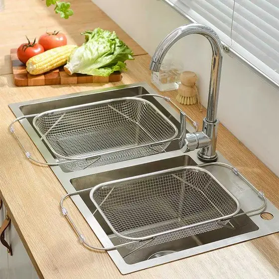 Kit Escorredor da louça multiuso retrátil de aço inox, Tela Filtrante, Cesta Expansível