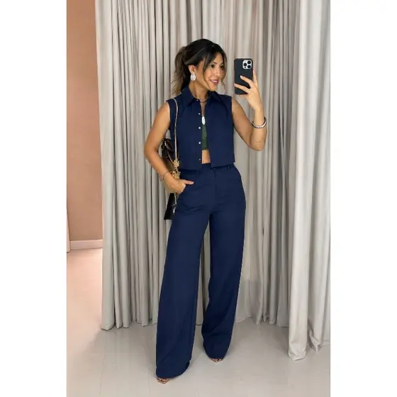 Conjunto Alfaiataria Feminino Clássico Colete sem Mangas + Calça de Cintura Alta