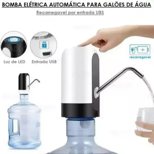 Bomba Elétrica para Galão de Agua 60cm com USB - Bomba Elétrica Galão Água - Recarregável Bebedouro 20L