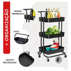 Carrinho Organizador com Rodas 3 Andares Aço Carbono 45kg – Multiuso Cozinha Banheiro Escritório
