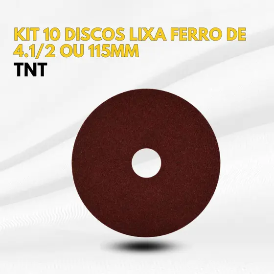 TNT Kit 10 Discos Lixa Ferro de 4.1/2 ou 115mm para Ferro, Fibra de Vidro, Plástico, Madeira e Pedra