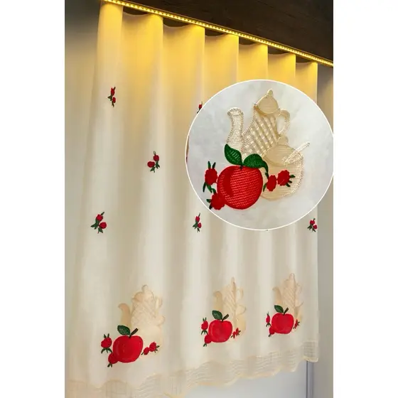 Cortina de Cozinha Bordada em Linho 2,50 X 1,25 luxuosa premium