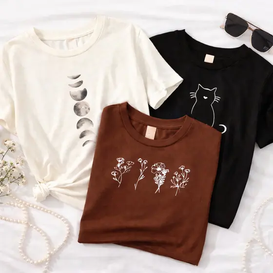 Kit 3 Blusa camisetas Femininas Básicas Baby Look Algodão Premium Blusa camiseta Feminina Gatinho Flores Fases da Lua Of