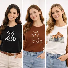 Kit 3 Camisetas Femininas Baby Look Algodão Premium Estampadas Urso Gatinho Ursinho do Dinheiro Off White Moda Casual