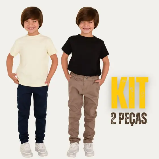 Kit C/ 2 Calças Alfaiataria Infantil Ajuste Interno Lateral Bolso Faca Sarja Menino Esporte Fino