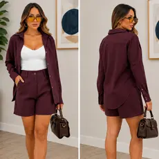Conjunto Feminino Camisa Social Blusa Manga Longa e Short Sensorial Alfaiataria Casual Passeio