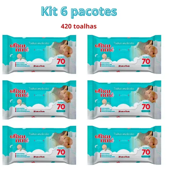 Kit 6 Pacotes de Toalhas Umedecidas 70 toalhas cada 420 unidades no total