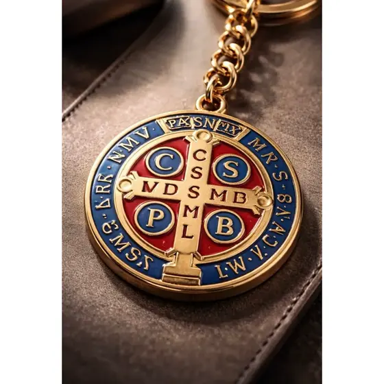 Chaveiro Medalha São Bento Dupla Face Dourado Cruz Sagrada Resinado Tendência Religioso Lembrancinha