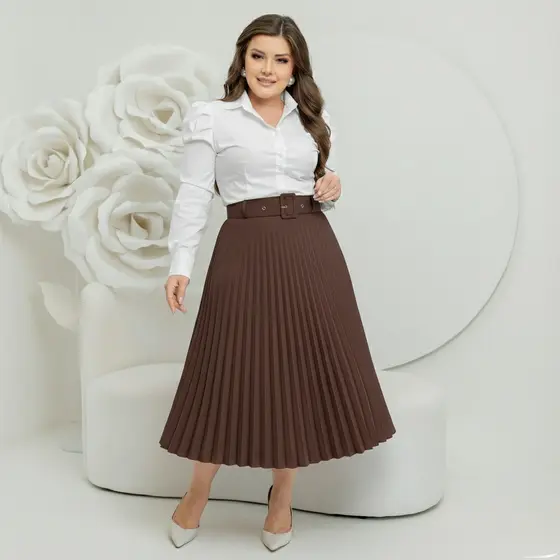 Saia Midi Plissado Com Cinto Forrada estilosa Tendencia moda evangelica