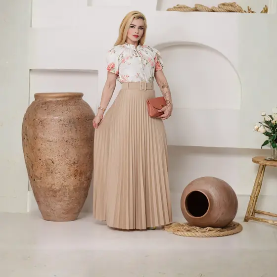 Saia Longa Plissada Com Cinto Moda Casual Executiva Festa Versátil Confortável Envio Imediato