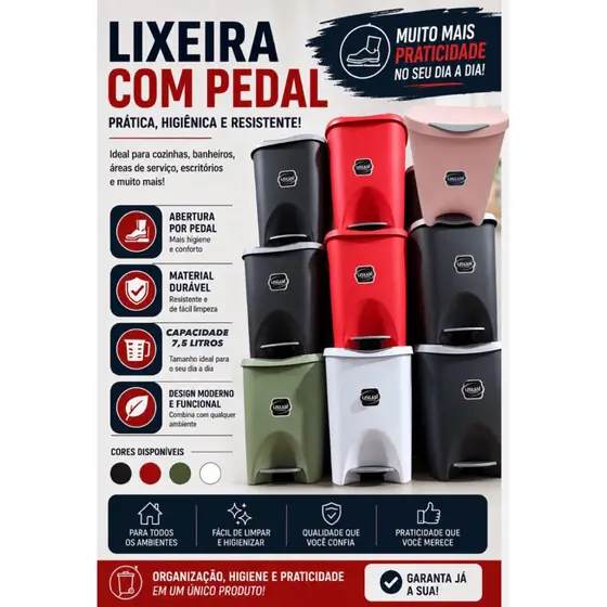 Lixeira Com Pedal Cozinha Com Tampa 7,5 Litros Usual Para Cozinha Banheiro Escritório