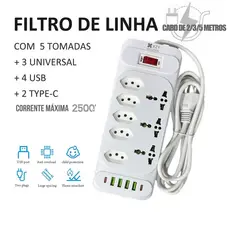 Régua Filtro de Linha com 8 Tomadas Extensão Elétrica 3 Universal 4 U 2 Type c 10A 110V/220V 2/3/5M