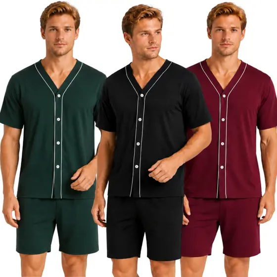 Pijama Masculino Manga Curta Liso/ Pijama com Botões