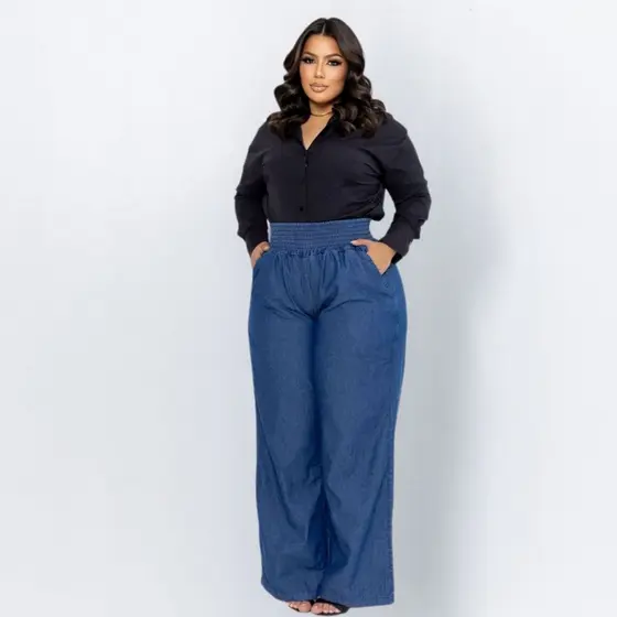 calça jeans feminino plus size soltinha pantalona cós elástico grosso com bolso premium
