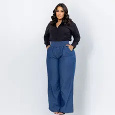calça jeans feminino plus size soltinha pantalona cós elástico grosso com bolso premium