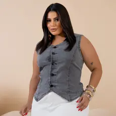 colete jeans feminino plus size com elastano premium lavagem marmorizada