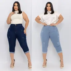 KIT 2 calça jeans feminino da moda verão plus size capri cintura alta empina bumbum elastano qualidade premium