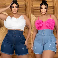 kit 2 peças short jeans plus size feminino efeito modelador segura barriga elastano premium