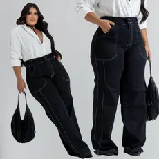 calça jeans feminina plus size wide leg perna larga com elastano cós duplo alto e bolso