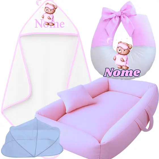 Super Kit Enxoval 4 Peças: Ninho Redutor + Almofada e Toalha com Nome + Mosquiteiro