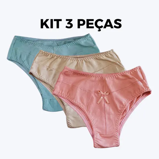 Kit 3 Calcinha Calçola Tanga Cintura Alta Reforçada Grande Cotton Algodão Senhora 3 Pontos Reforçada