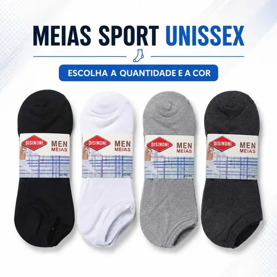 Kit 3, 6 ou 12 Pares de Meias Sport Unissex Cano Baixo 36 ao 44 — Preta, Branca, Cinza ou Sortida