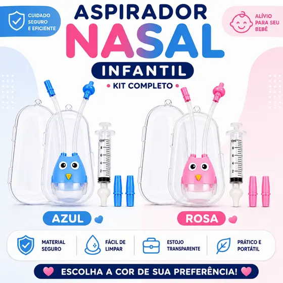 Kit Limpeza Nasal Bebê com Aspirador Seringa e Estojo Rosa ou Azul