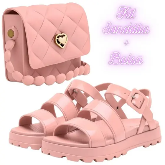 Kit Sandália Infantil Menina + Bolsa Coração Feminina Conjunto Moda Passeio Leve Confortável
