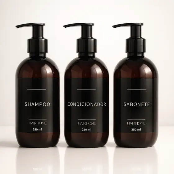 KIT 3 FRASCOS AMBAR 250ml PARA SHAMPOO CONDICIONADOR E SABONETEIRA DISPENSER