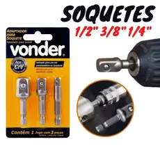 Jogo de Adaptadores para Soquetes 1/4" 3/8" e 1/2" Vonder 3 Peças Parafusadeira CrV Profissional