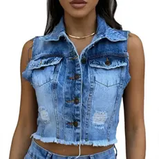 Colete Feminino Jeans com Barra Desfiada Aplicação de Brilhos Botão Frontal Top Blusa Feminina